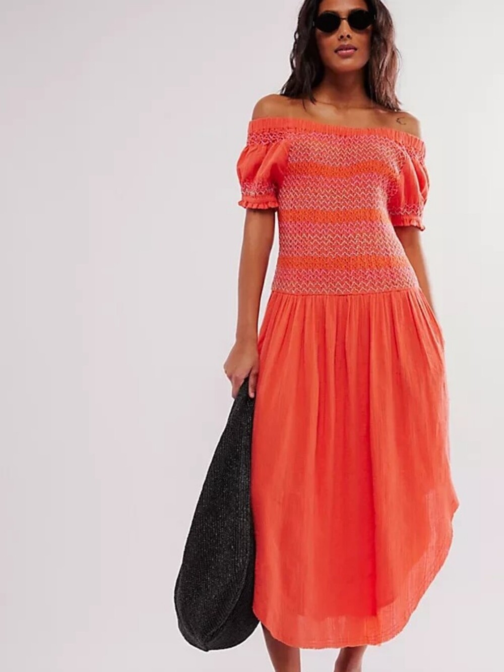 Free People Catch Me Midi Dress Off Shoulder Smocked Coral Orange Sz L